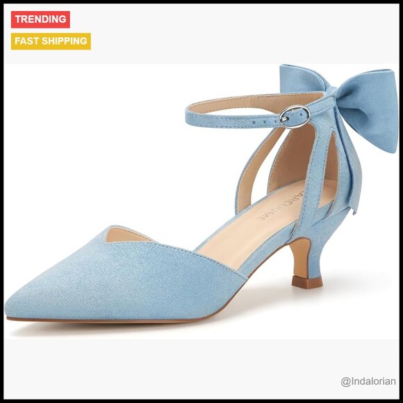 Leather Kitten Heel Ankle Strap Pumps with Bow